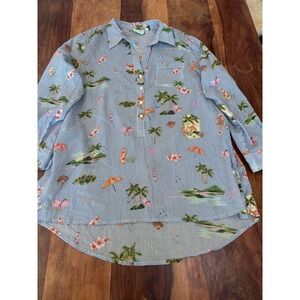 True Destinations tunic women XL blue striped tropical roll-tab sleeve shirt